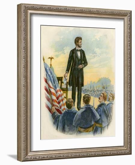 President Lincoln Giving His Speech at the Gettysburg Battlefield During the Civil War-null-Framed Giclee Print