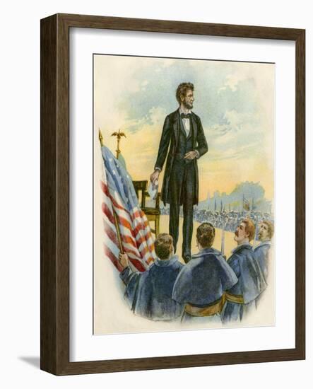 President Lincoln Giving His Speech at the Gettysburg Battlefield During the Civil War-null-Framed Giclee Print