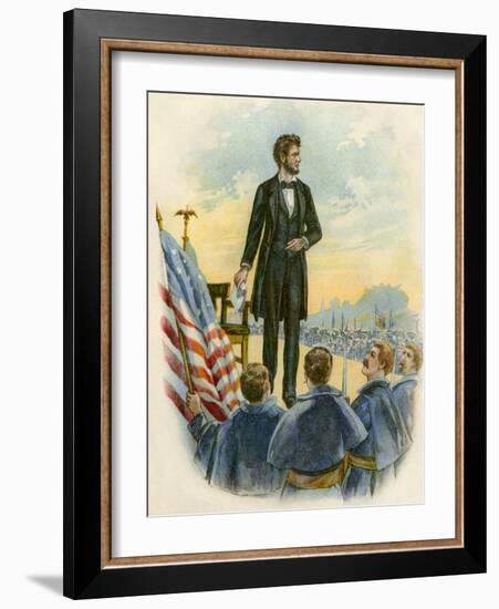 President Lincoln Giving His Speech at the Gettysburg Battlefield During the Civil War-null-Framed Giclee Print