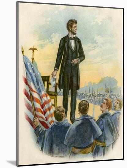 President Lincoln Giving His Speech at the Gettysburg Battlefield During the Civil War-null-Mounted Giclee Print