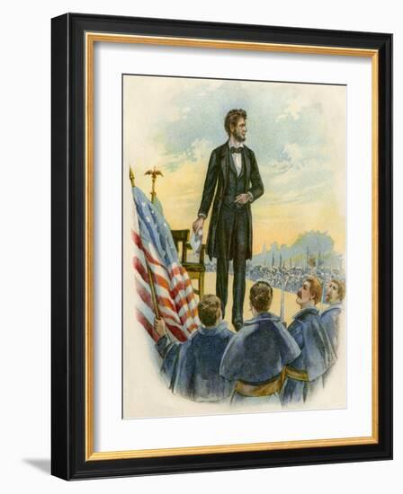 President Lincoln Giving His Speech at the Gettysburg Battlefield During the Civil War-null-Framed Giclee Print