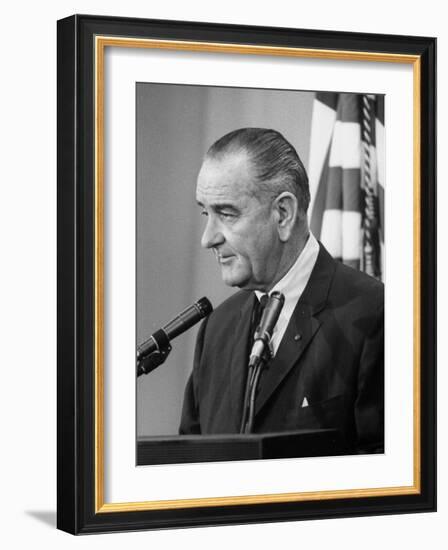 President Lyndon B. Johnson at Press Conference-null-Framed Photographic Print