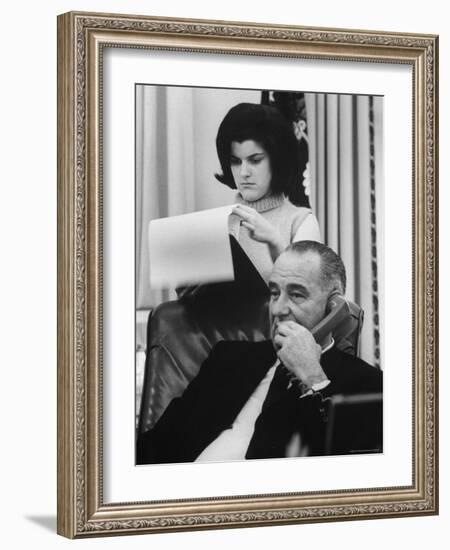 President Lyndon B. Johnson with Daughter Lucy Baines Johnson in White House-Stan Wayman-Framed Photographic Print