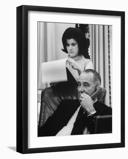 President Lyndon B. Johnson with Daughter Lucy Baines Johnson in White House-Stan Wayman-Framed Photographic Print