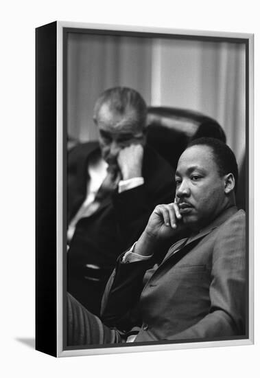 President Lyndon Johnson and Martin Luther King Jr. in the Cabinet Room White House. March 18 1966-null-Framed Stretched Canvas