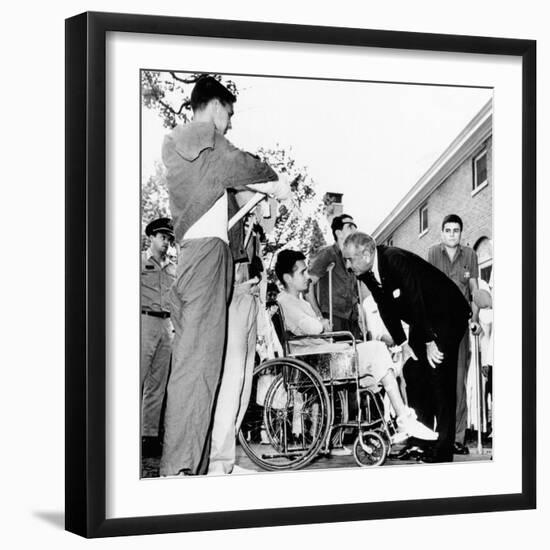 President Lyndon Johnson Greets Wounded Veterans at Walter Reed Hospital-null-Framed Photo