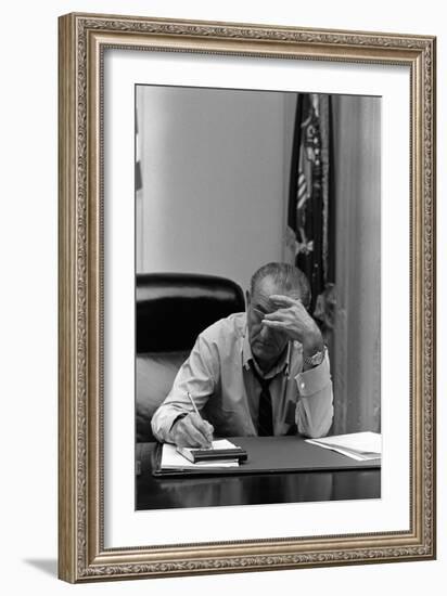 President Lyndon Johnson Making Notes in a Meeting, March 27, 1968-null-Framed Photo