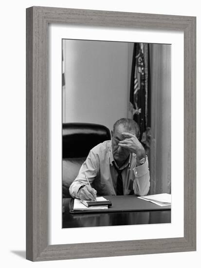 President Lyndon Johnson Making Notes in a Meeting, March 27, 1968-null-Framed Photo