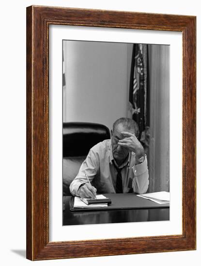 President Lyndon Johnson Making Notes in a Meeting, March 27, 1968-null-Framed Photo