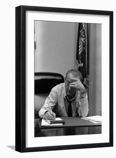 President Lyndon Johnson Making Notes in a Meeting, March 27, 1968-null-Framed Photo