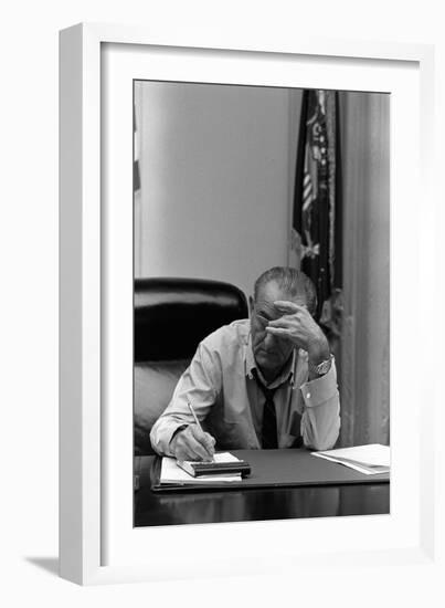 President Lyndon Johnson Making Notes in a Meeting, March 27, 1968-null-Framed Photo