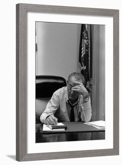 President Lyndon Johnson Making Notes in a Meeting, March 27, 1968-null-Framed Photo