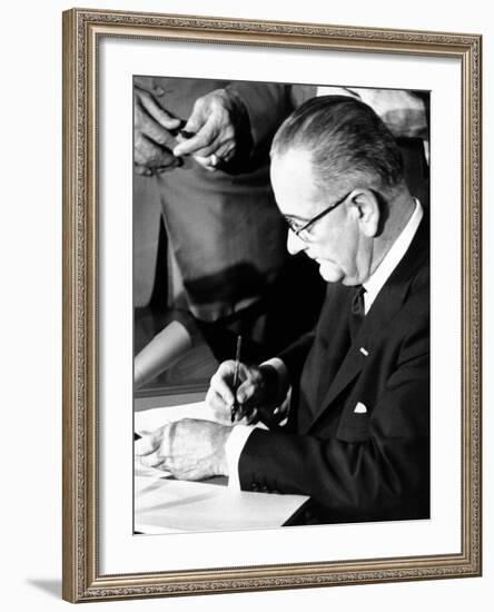 President Lyndon Johnson Signing the 1964 Civil Rights Bill, July 2, 1964-null-Framed Photo