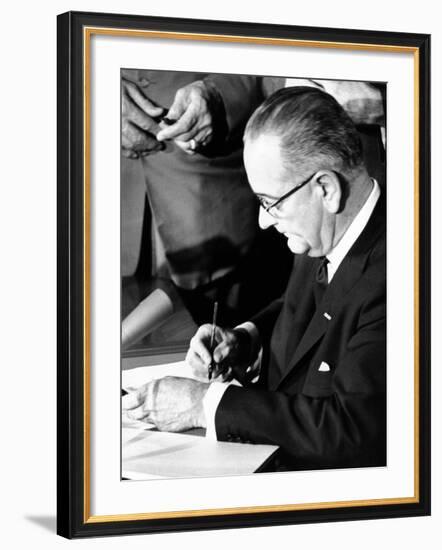 President Lyndon Johnson Signing the 1964 Civil Rights Bill, July 2, 1964-null-Framed Photo