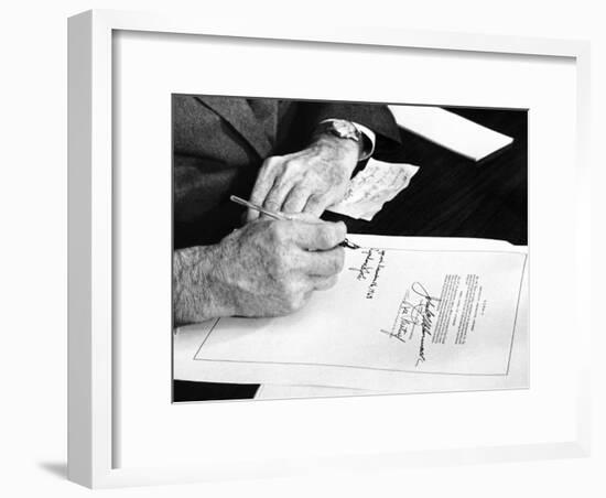 President Lyndon Johnson Signs a $102 Billion Education Bill at the White House Today-null-Framed Photo