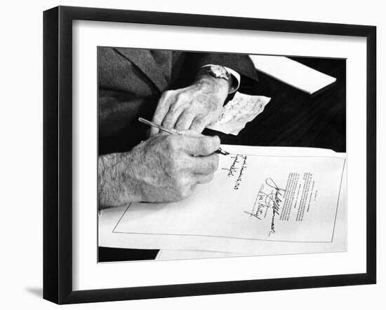 President Lyndon Johnson Signs a $102 Billion Education Bill at the White House Today-null-Framed Photo