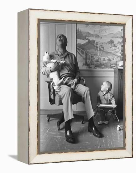 President Lyndon Johnson Sings with Dog Yuki While His Grandson Looks On, 1968-null-Framed Stretched Canvas
