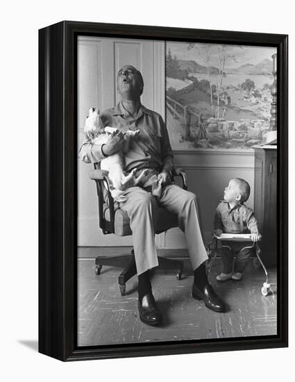 President Lyndon Johnson Sings with Dog Yuki While His Grandson Looks On, 1968-null-Framed Stretched Canvas