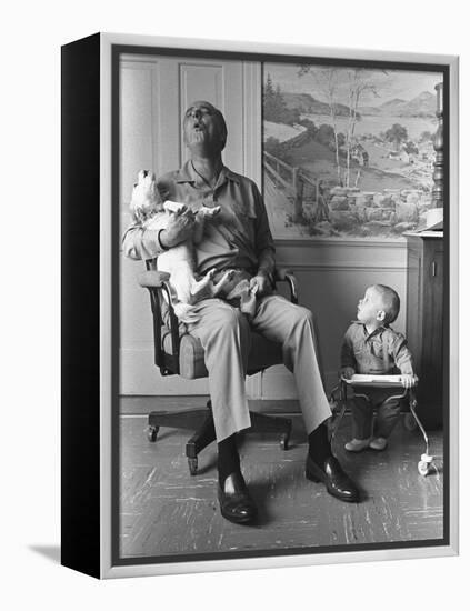 President Lyndon Johnson Sings with Dog Yuki While His Grandson Looks On, 1968-null-Framed Stretched Canvas