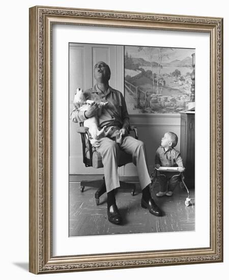 President Lyndon Johnson Sings with Dog Yuki While His Grandson Looks On, 1968-null-Framed Photo