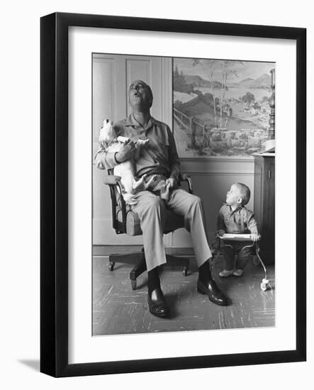 President Lyndon Johnson Sings with Dog Yuki While His Grandson Looks On, 1968-null-Framed Photo