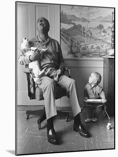 President Lyndon Johnson Sings with Dog Yuki While His Grandson Looks On, 1968-null-Mounted Photo