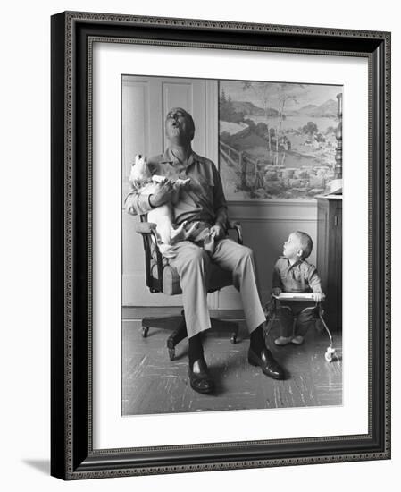 President Lyndon Johnson Sings with Dog Yuki While His Grandson Looks On, 1968-null-Framed Photo