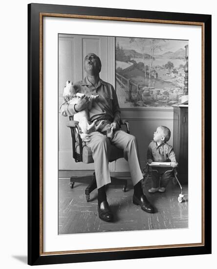 President Lyndon Johnson Sings with Dog Yuki While His Grandson Looks On, 1968-null-Framed Photo