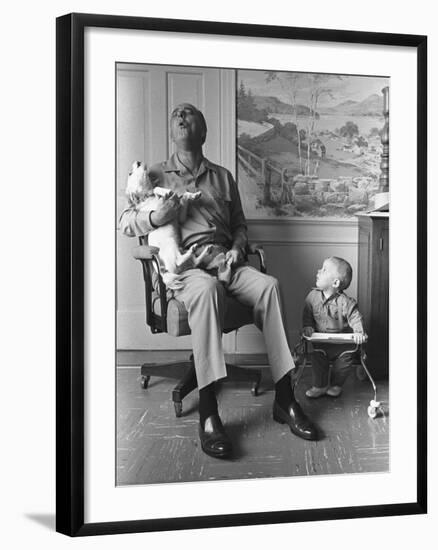 President Lyndon Johnson Sings with Dog Yuki While His Grandson Looks On, 1968-null-Framed Photo