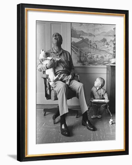 President Lyndon Johnson Sings with Dog Yuki While His Grandson Looks On, 1968-null-Framed Photo