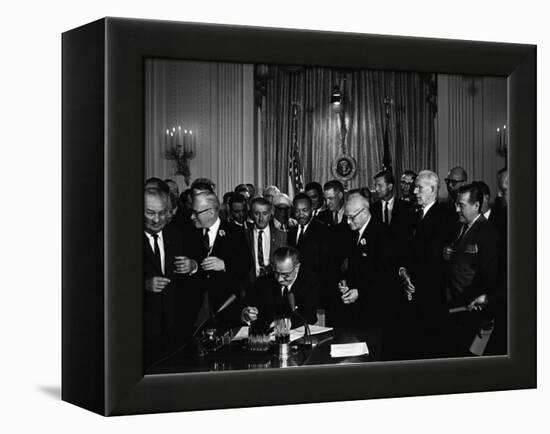 President Lyndon Johnson, Watched by Martin Luther King, Jr. Signing Civil Rights Act, July 2, 1964-null-Framed Stretched Canvas