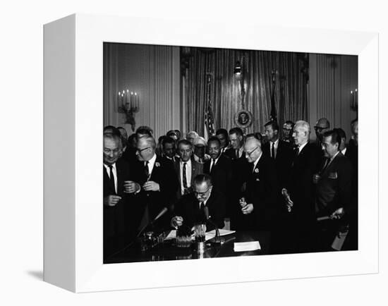 President Lyndon Johnson, Watched by Martin Luther King, Jr. Signing Civil Rights Act, July 2, 1964-null-Framed Stretched Canvas