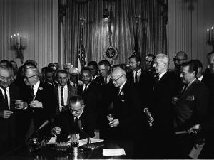 President Lyndon Johnson, Watched by Martin Luther King, Jr. Signing Civil Rights Act, July 2, 1964