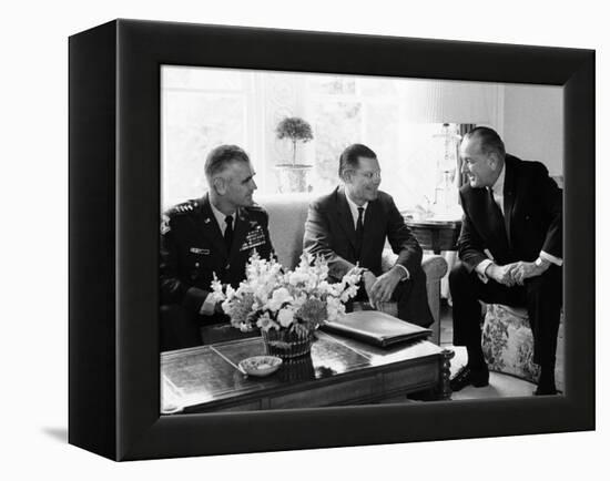 President Lyndon Johnson with Gen William Westmoreland and Defense Secretary Robert McNamara-null-Framed Stretched Canvas