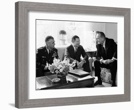 President Lyndon Johnson with Gen William Westmoreland and Defense Secretary Robert McNamara-null-Framed Photo