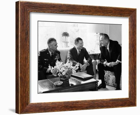 President Lyndon Johnson with Gen William Westmoreland and Defense Secretary Robert McNamara-null-Framed Photo