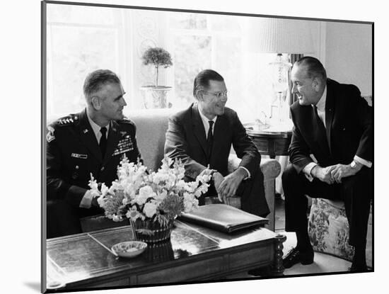 President Lyndon Johnson with Gen William Westmoreland and Defense Secretary Robert McNamara-null-Mounted Photo