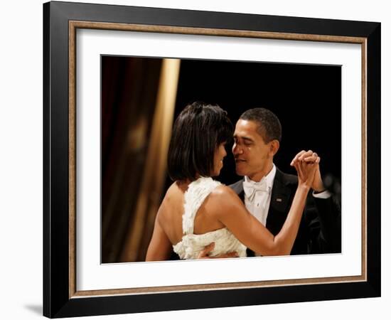 President Obama and First Lady Michelle Obama Dance at the Midwest Inaugural Ball, January 20, 2009-null-Framed Photographic Print