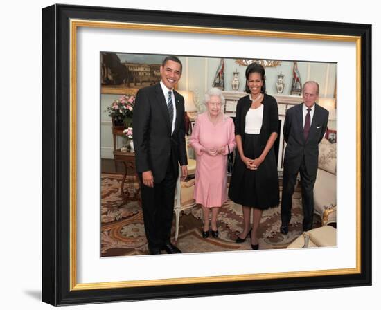 President Obama and His Wife Pose with Queen Elizabeth II and Prince Philip, During an Audience at -null-Framed Photographic Print