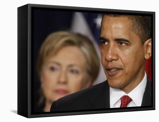 President Obama, Hillary Clinton at His Side, Announces New Strategy for Afghanistan and Pakistan-null-Framed Premier Image Canvas