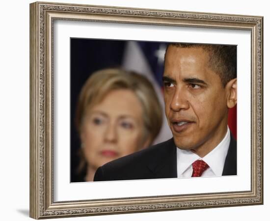 President Obama, Hillary Clinton at His Side, Announces New Strategy for Afghanistan and Pakistan-null-Framed Photographic Print