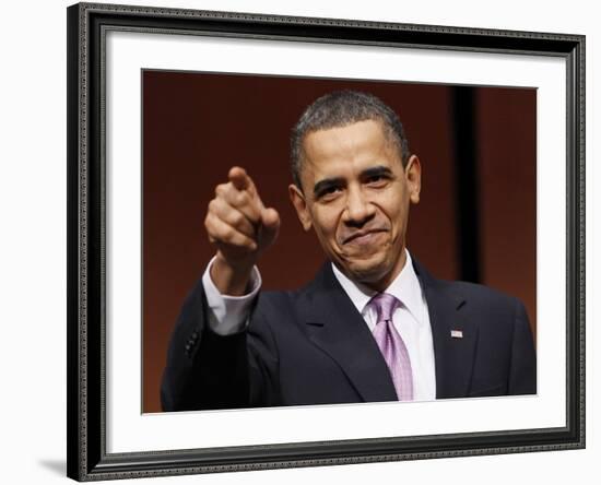 President Obama Points to Crowd before Signing Health Care and Education Reconciliation Act of 2010-null-Framed Photographic Print