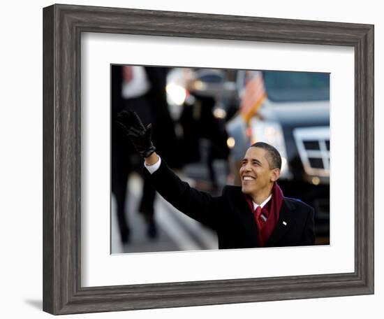 President Obama Waves as He Walks Down Pennsylvania Ave to the White House, January 20, 2009-null-Framed Photographic Print