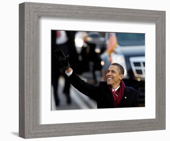 President Obama Waves as He Walks Down Pennsylvania Ave to the White House, January 20, 2009-null-Framed Photographic Print