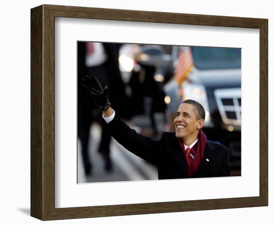 President Obama Waves as He Walks Down Pennsylvania Ave to the White House, January 20, 2009-null-Framed Photographic Print