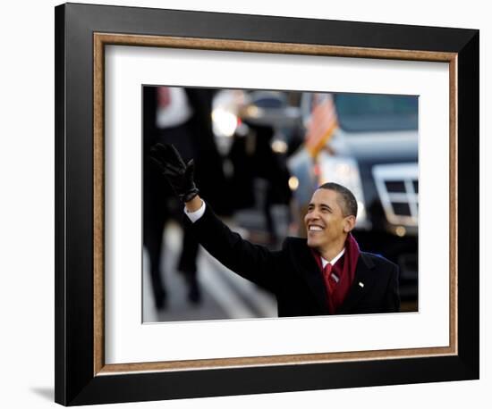 President Obama Waves as He Walks Down Pennsylvania Ave to the White House, January 20, 2009-null-Framed Photographic Print