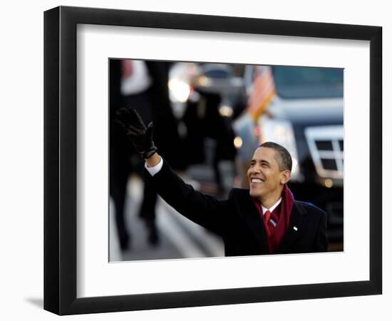 President Obama Waves as He Walks Down Pennsylvania Ave to the White House, January 20, 2009-null-Framed Photographic Print