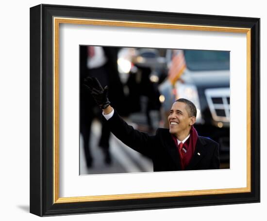 President Obama Waves as He Walks Down Pennsylvania Ave to the White House, January 20, 2009-null-Framed Photographic Print