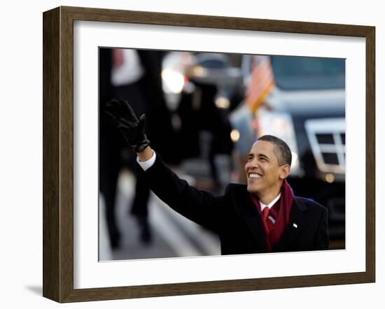 President Obama Waves as He Walks Down Pennsylvania Ave to the White House, January 20, 2009-null-Framed Photographic Print
