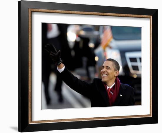 President Obama Waves as He Walks Down Pennsylvania Ave to the White House, January 20, 2009-null-Framed Photographic Print